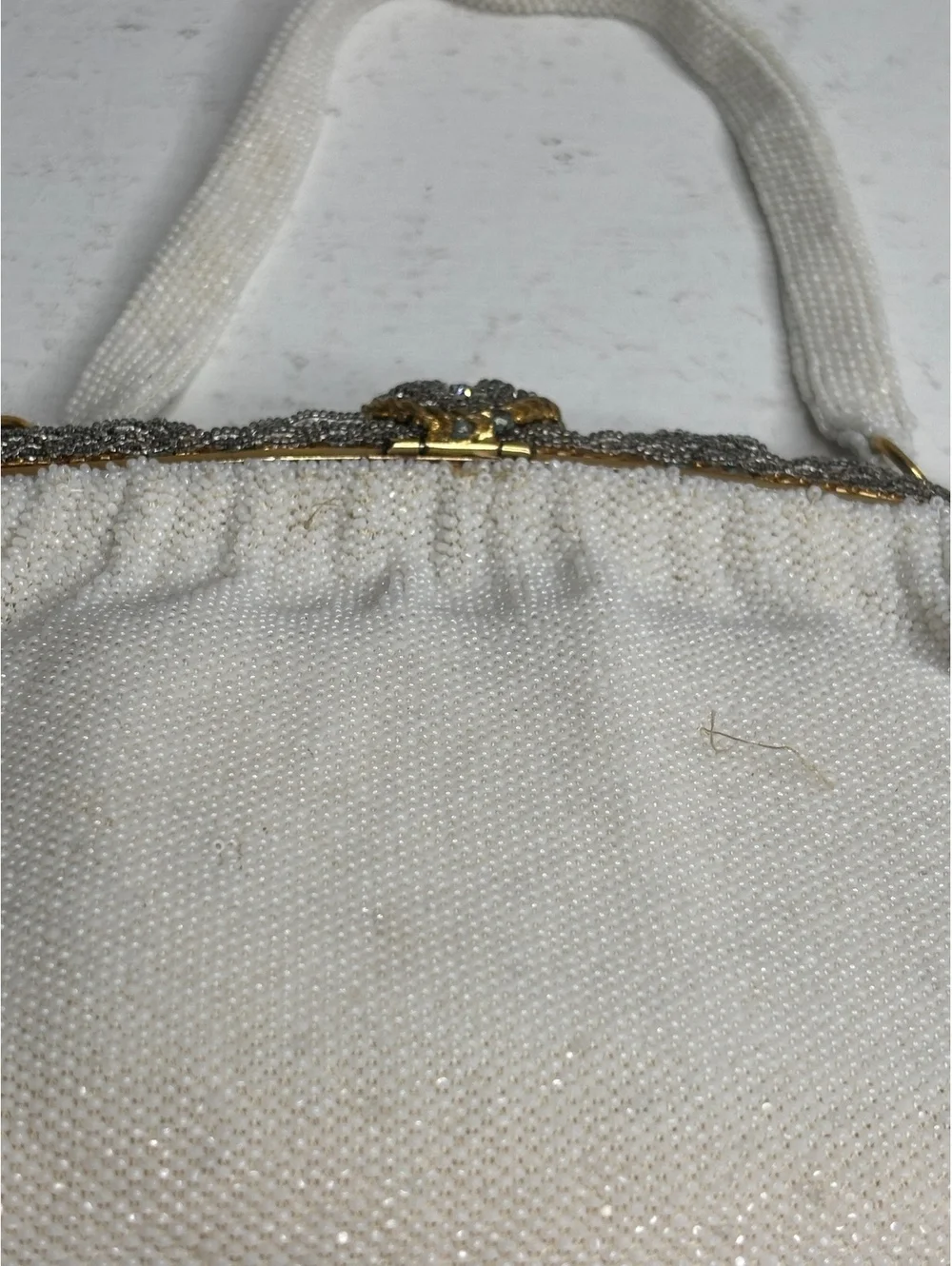 Vintage Manhill Paris White & Silver Seed Bead with Rhinestone Evening Bag